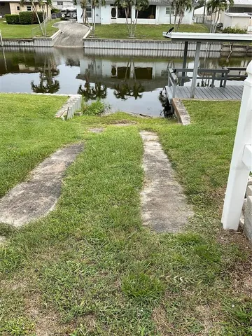 a view of a swimming pool with lawn chairs and plants
