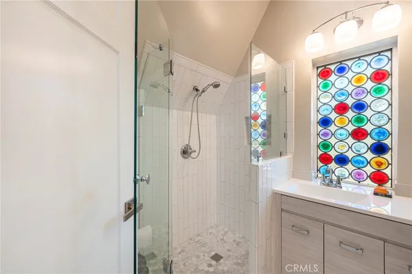 a bathroom with a shower curtain