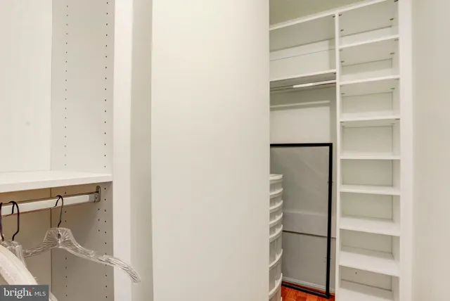 a view of walk in closet with empty racks
