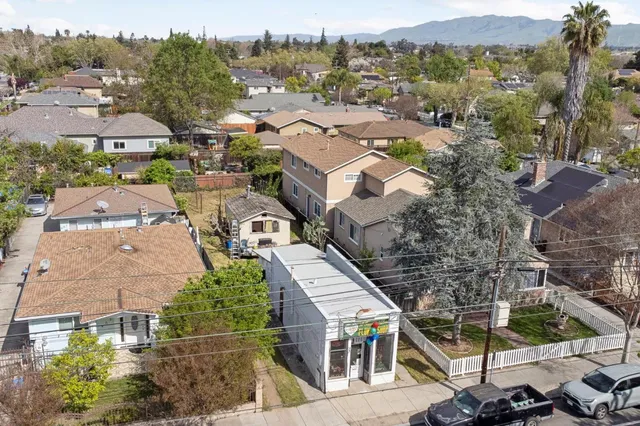 an aerial view of a house with a yard and a large tree