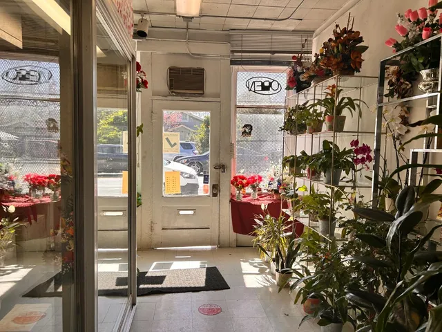 with a vase of flowers sitting on a table