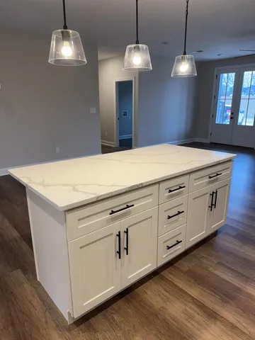 a kitchen that has a lot of cabinets in it