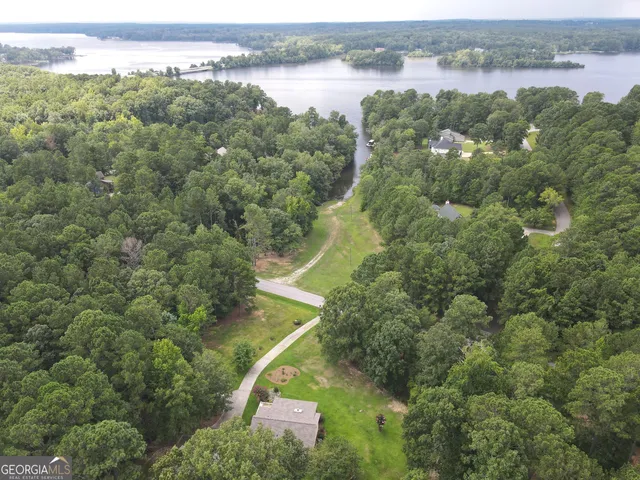 an aerial view of a houses with outdoor space and trees