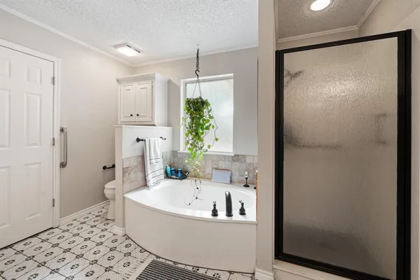a bathroom with a bathtub and a shower