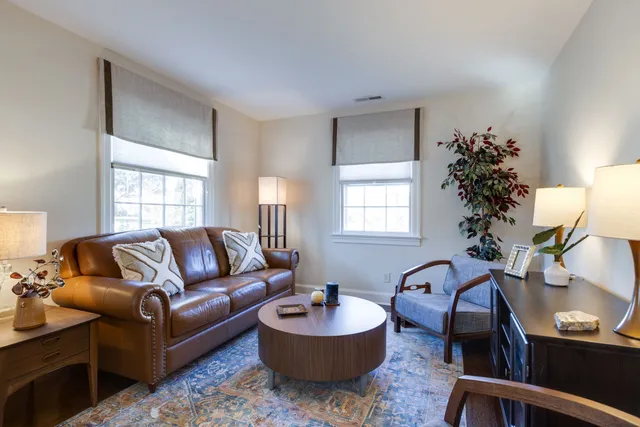 a living room with furniture and a potted plant