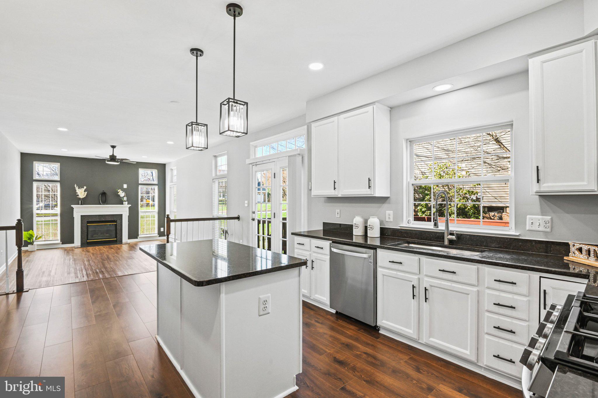 20733 Rainsboro Drive Ashburn, VA 20147 - Photo 14 of 63 a kitchen with stainless steel appliances granite countertop a stove a sink dishwasher a refrigerator white cabinets wooden floor and a fireplace