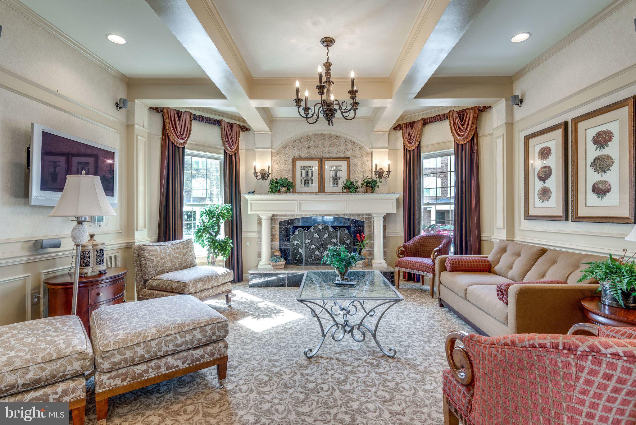 20733 Rainsboro Drive Ashburn, VA 20147 - Photo 61 of 63 a living room with furniture chandelier and a fireplace