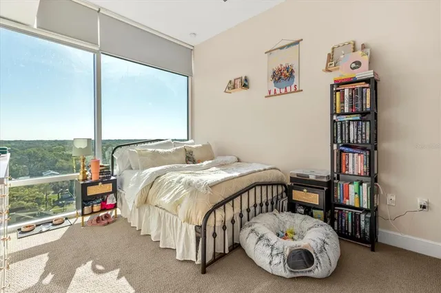 a bedroom with a bed and a book shelf