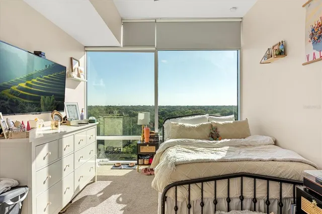 a bedroom with a bed and a flat tv screen