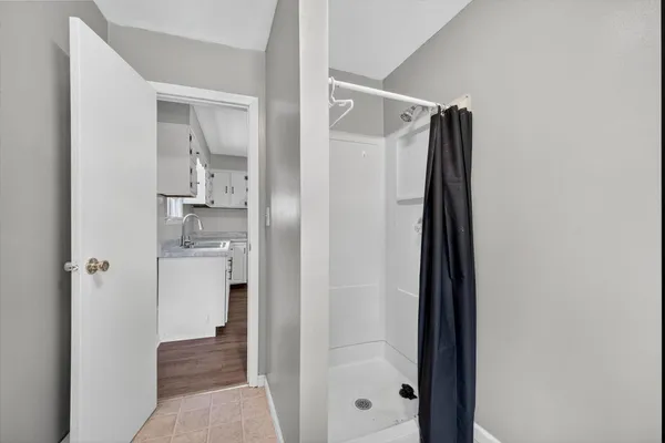 a bathroom with a shower and a sink