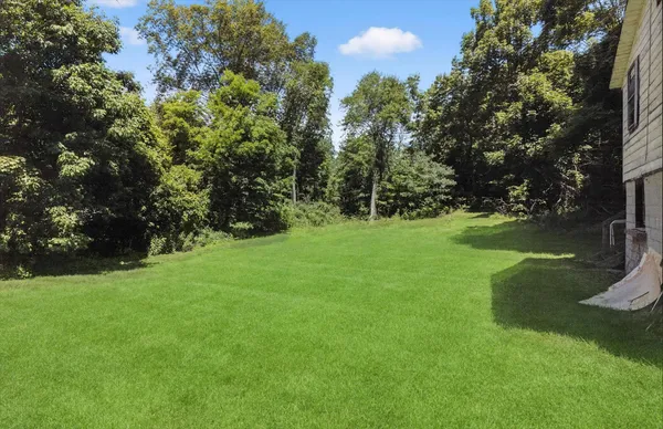a view of a grassy field with trees