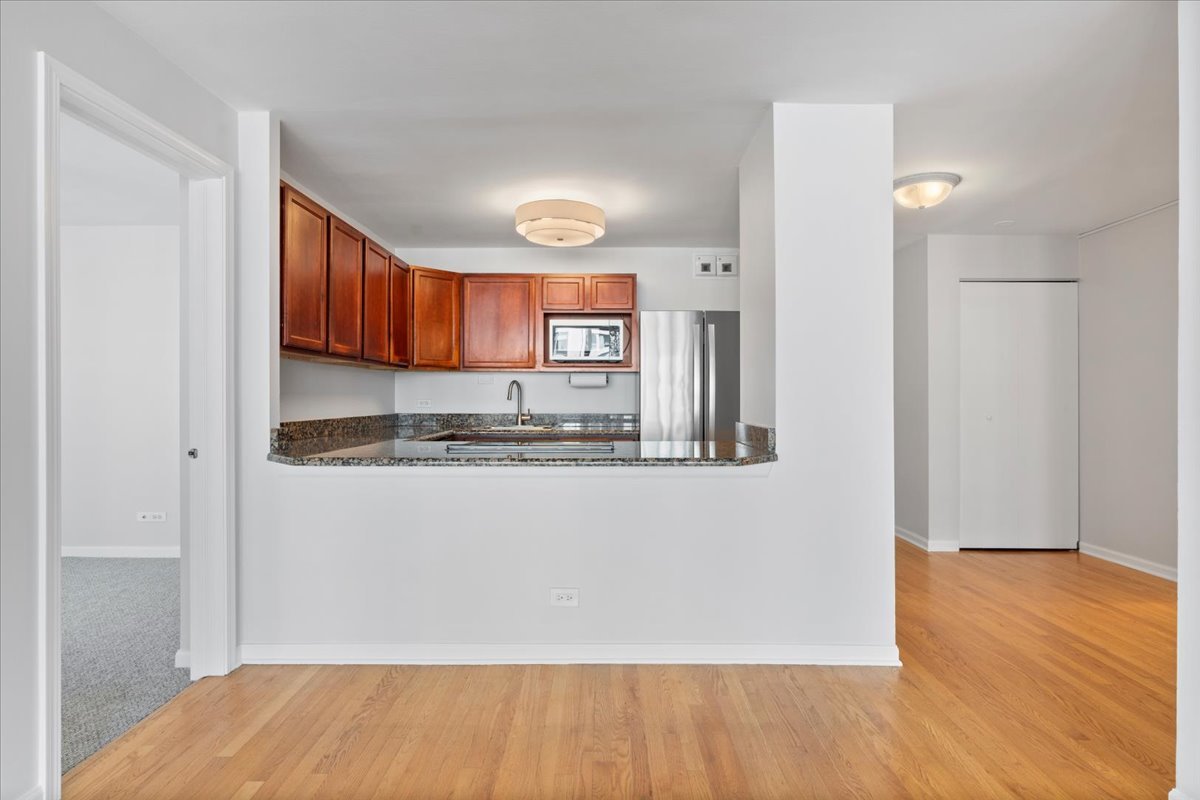 525 West Hawthorne Place, Unit 808 Chicago, IL 60657 - Photo 9 of 29 a kitchen with stainless steel appliances granite countertop a refrigerator and a sink
