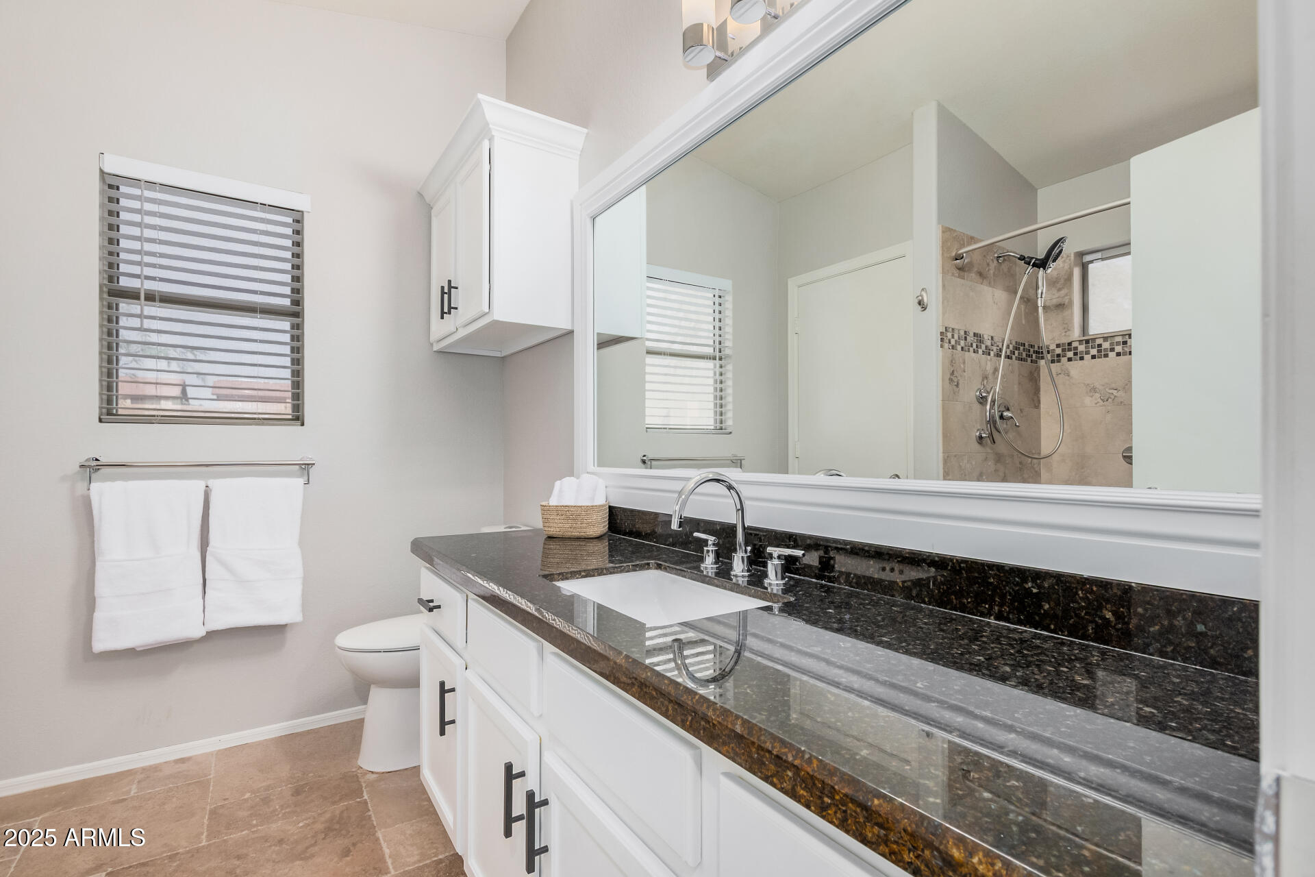 4632 East Mossman Road Phoenix, AZ 85050 - Photo 16 of 24 a bathroom with a granite countertop sink a large mirror and a toilet