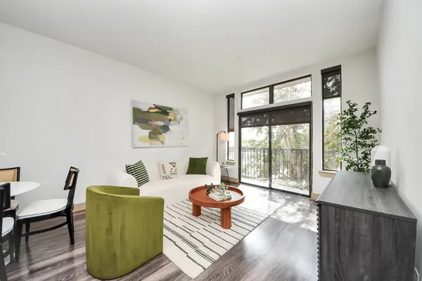 front view of a building with a garden