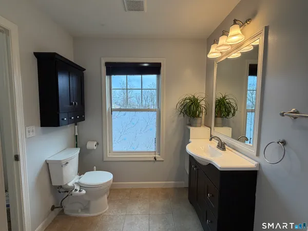 a bathroom with a toilet sink and mirror