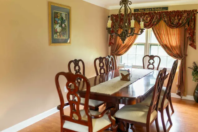 a view of a dining room with furniture and window