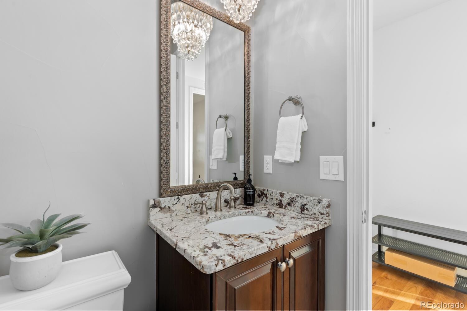 10699 Timberdash Avenue Highlands Ranch, CO 80126 - Photo 23 of 50 a bathroom with a granite countertop sink and a mirror