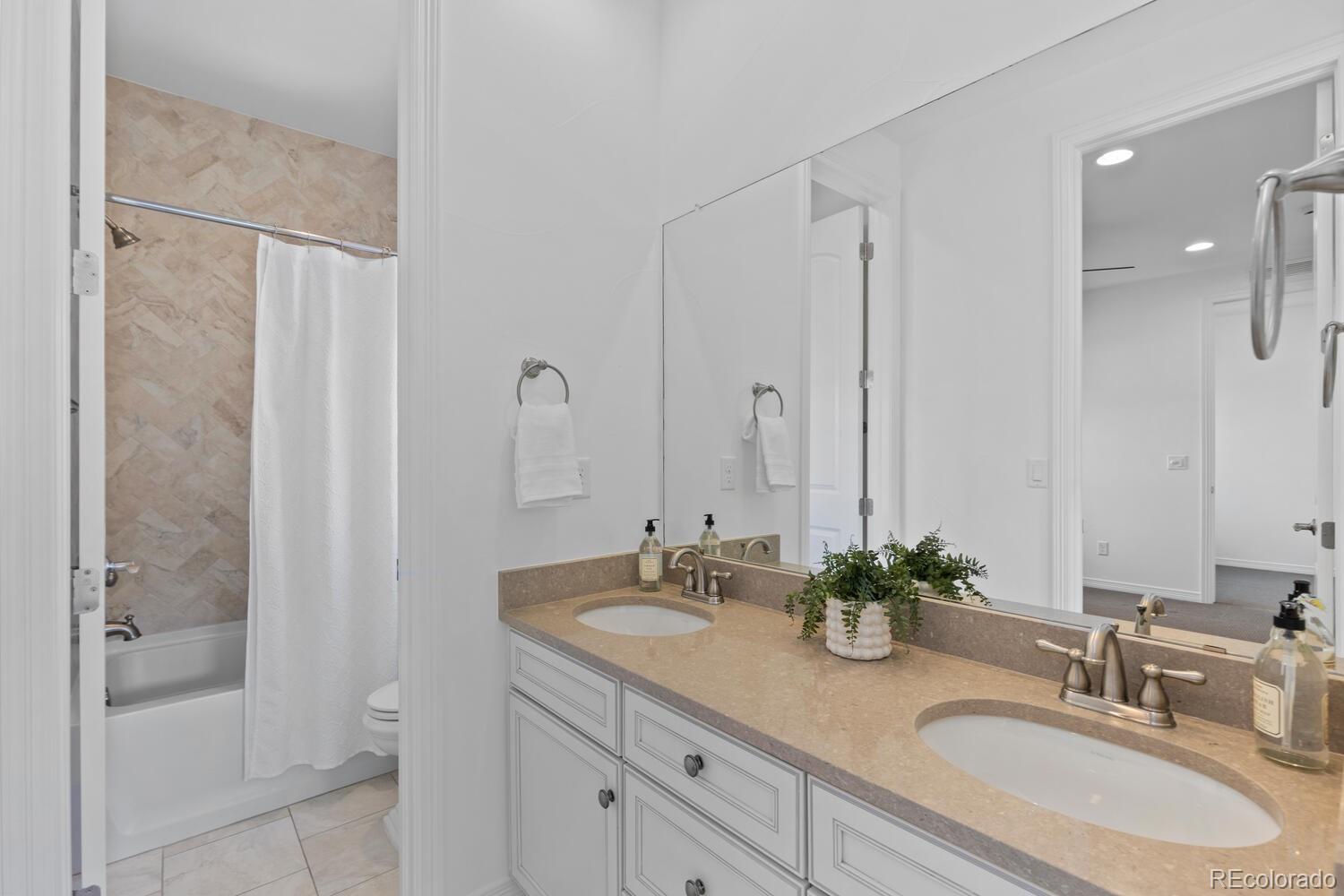 10699 Timberdash Avenue Highlands Ranch, CO 80126 - Photo 37 of 50 a bathroom with a granite countertop sink a mirror and a shower