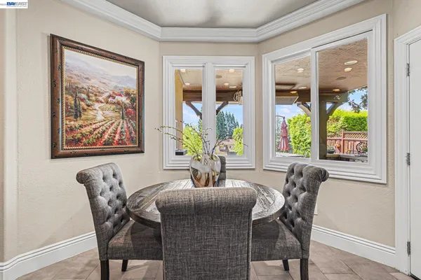 a view of a dining room with furniture