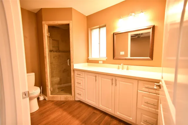 a bathroom with a sink a mirror and a shower