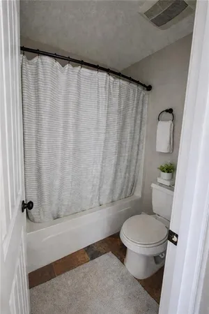 a white toilet sitting next to a shower curtain