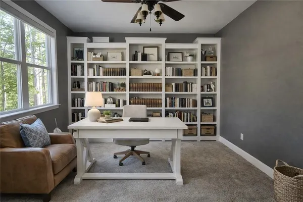 a living room with furniture and a book shelf