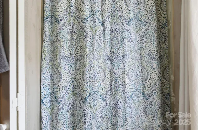 a close up of a shower curtain