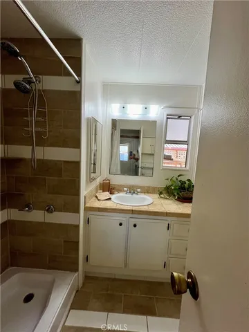 a bathroom with a shower sink and mirror