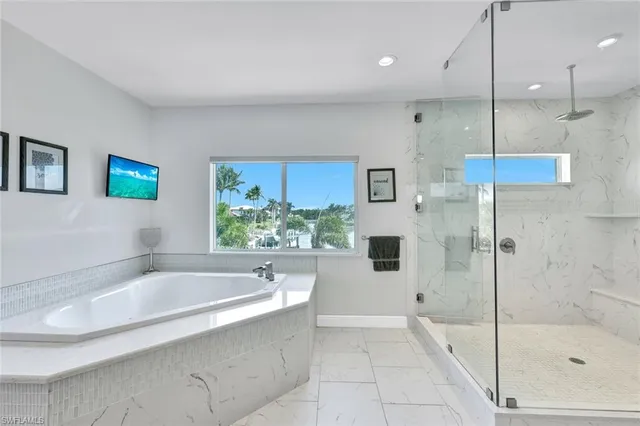 a bathroom with a bathtub and a shower