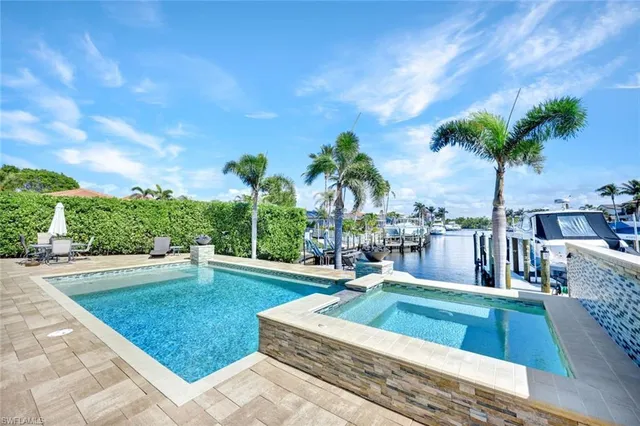 a view of a backyard and swimming pool