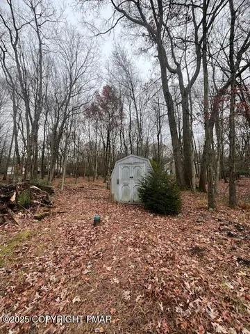 a backyard of a house with a large tree