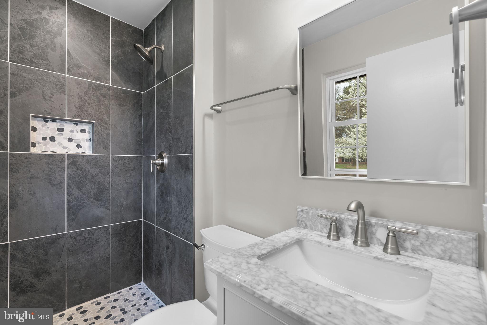 24320 Log House Road Gaithersburg, MD 20882 - Photo 20 of 43 a bathroom with a granite countertop sink a mirror and shower