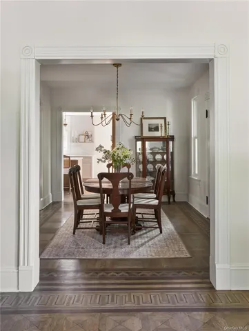 a view of a dining room with furniture