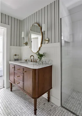 a view of a kitchen counter top and living room