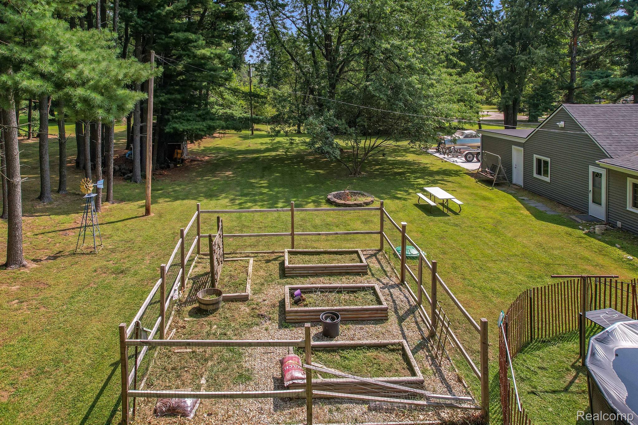 Fenced in garden with raised beds