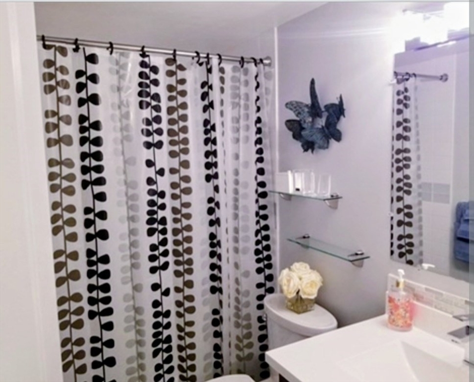 40 Main Street, Unit 308 Stoneham, MA 02180 - Photo 9 of 10 a bathroom with a sink a toilet and a shower curtain