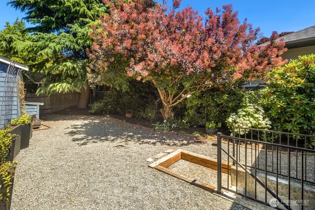 a view of a yard with wooden fence