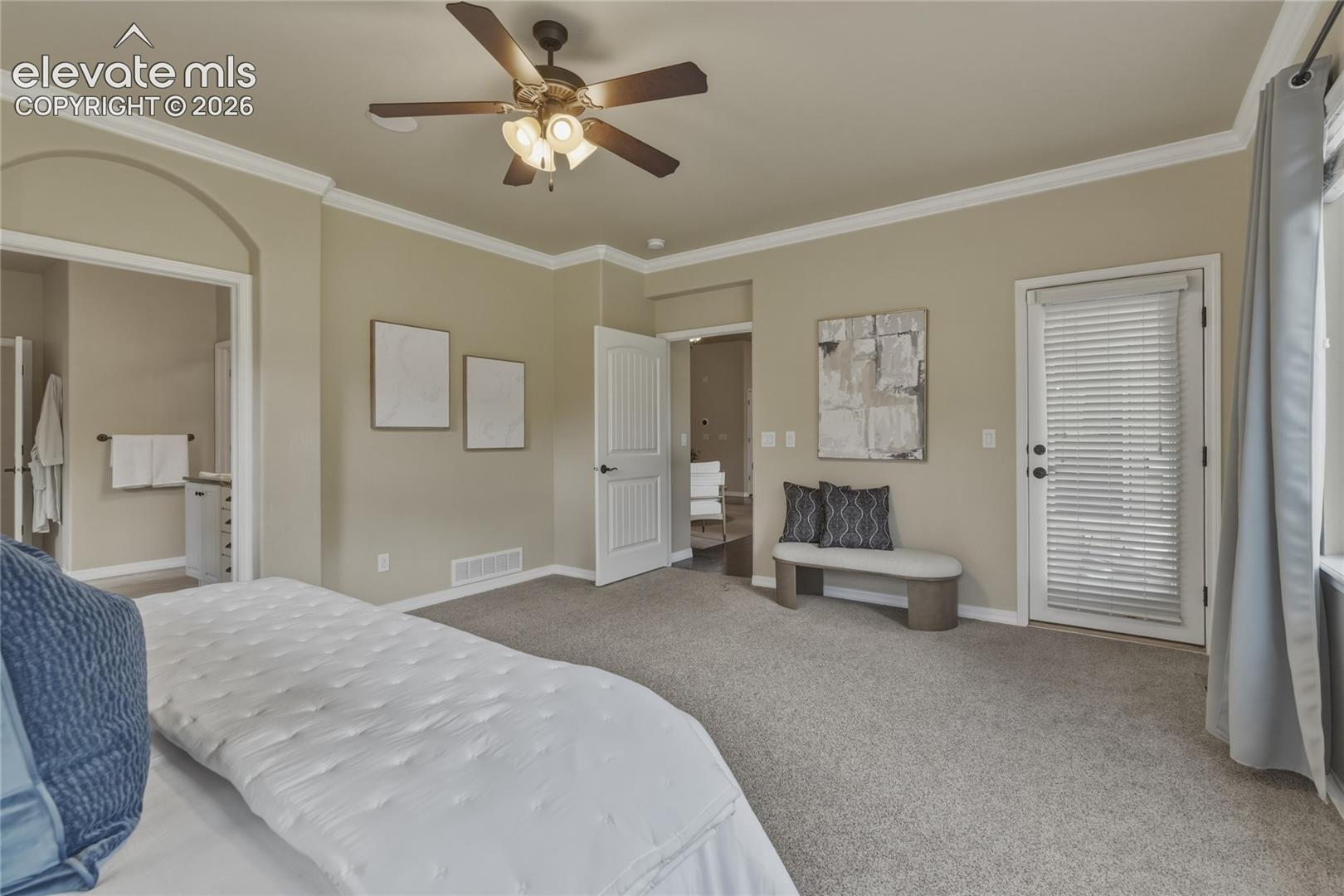 1118 Spectrum Loop Colorado Springs, CO 80921 - Photo 20 of 50 Carpeted flooring, ceiling fan with integrated lighting, crown molding, white trim, and a door with integrated blinds