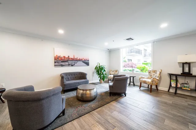a living room with furniture and a potted plant