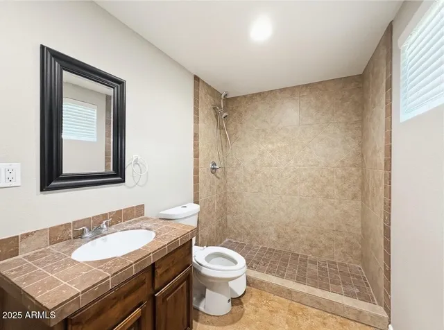 a bathroom with a granite countertop sink toilet a mirror and shower