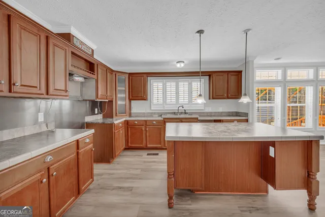 a kitchen with stainless steel appliances granite countertop wooden cabinets a sink dishwasher a stove and a refrigerator