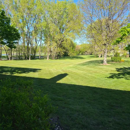 a view of a grassy field with mountains in the background