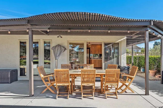 a dining area with furniture and outdoor view