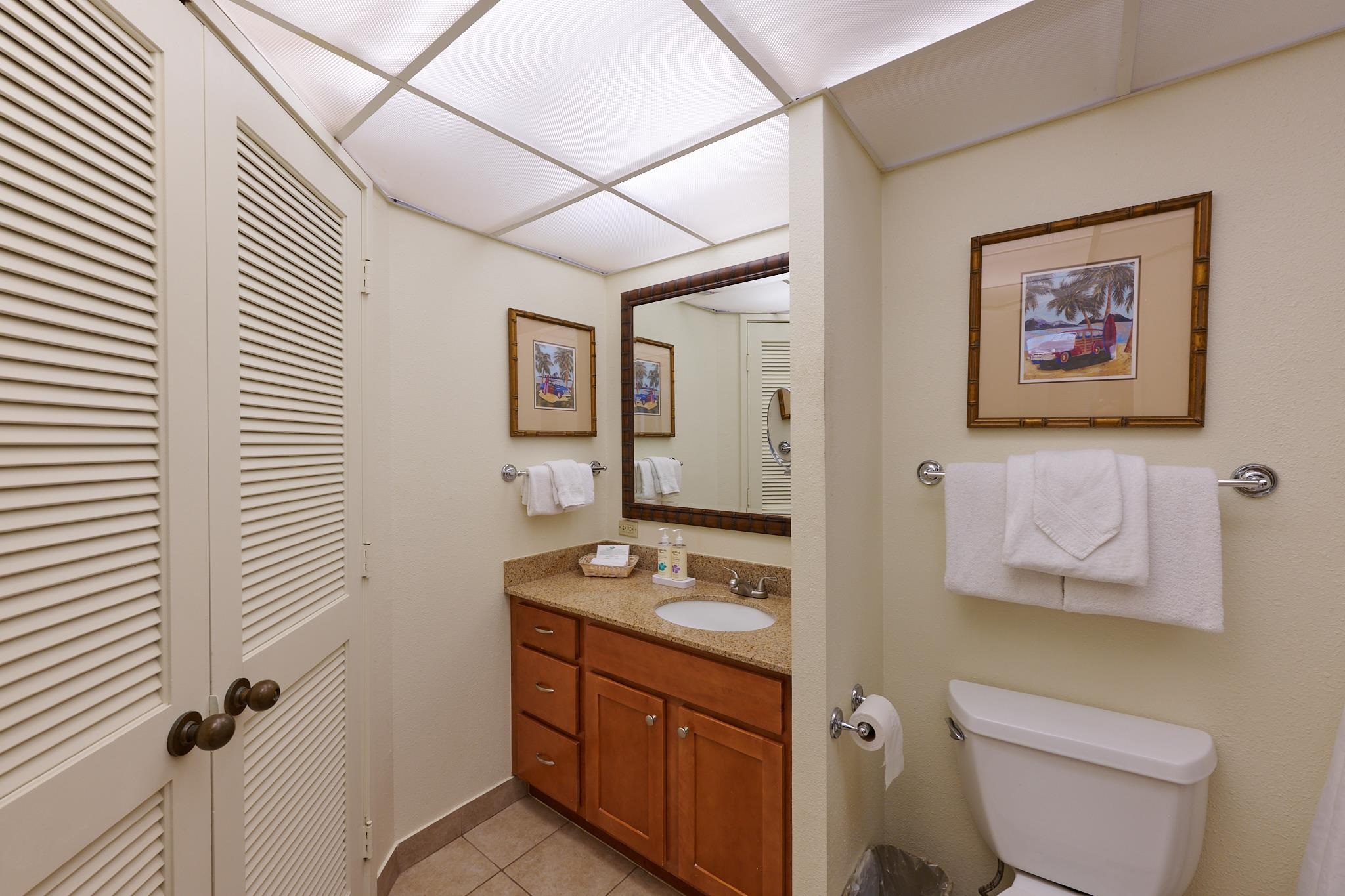 3445 Lower Honoapiilani Road, Unit 212 Lahaina, HI 96761 - Photo 34 of 39 a bathroom with a granite countertop sink a toilet and shower