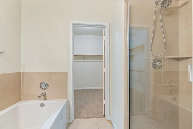 a bathroom with a bathtub and shower