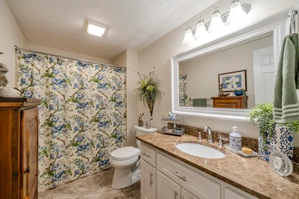 a bathroom with a granite countertop sink toilet and a mirror
