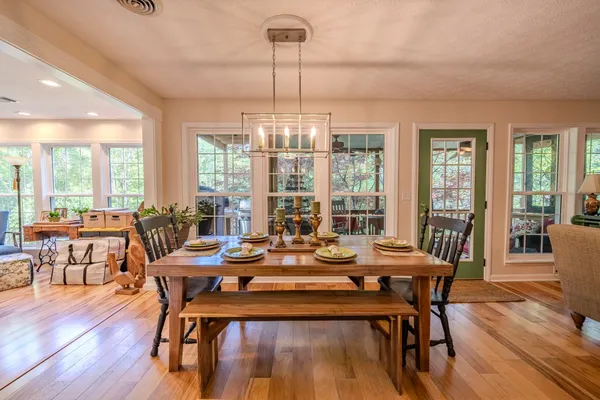 a view of a dining room with furniture window and wooden floor