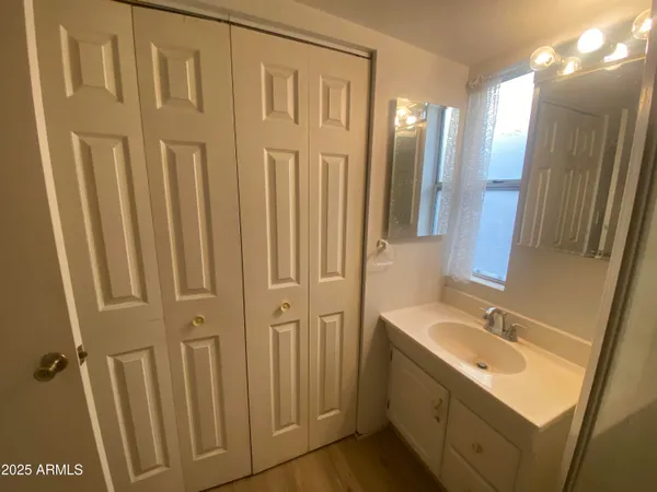 a bathroom with a sink a mirror and a shower