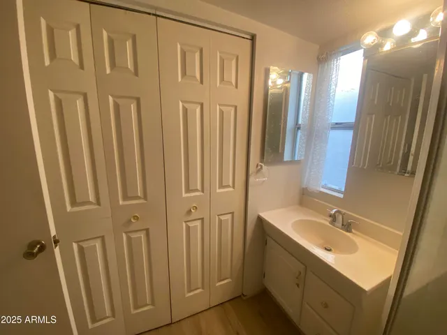 a bathroom with a sink a mirror and a shower