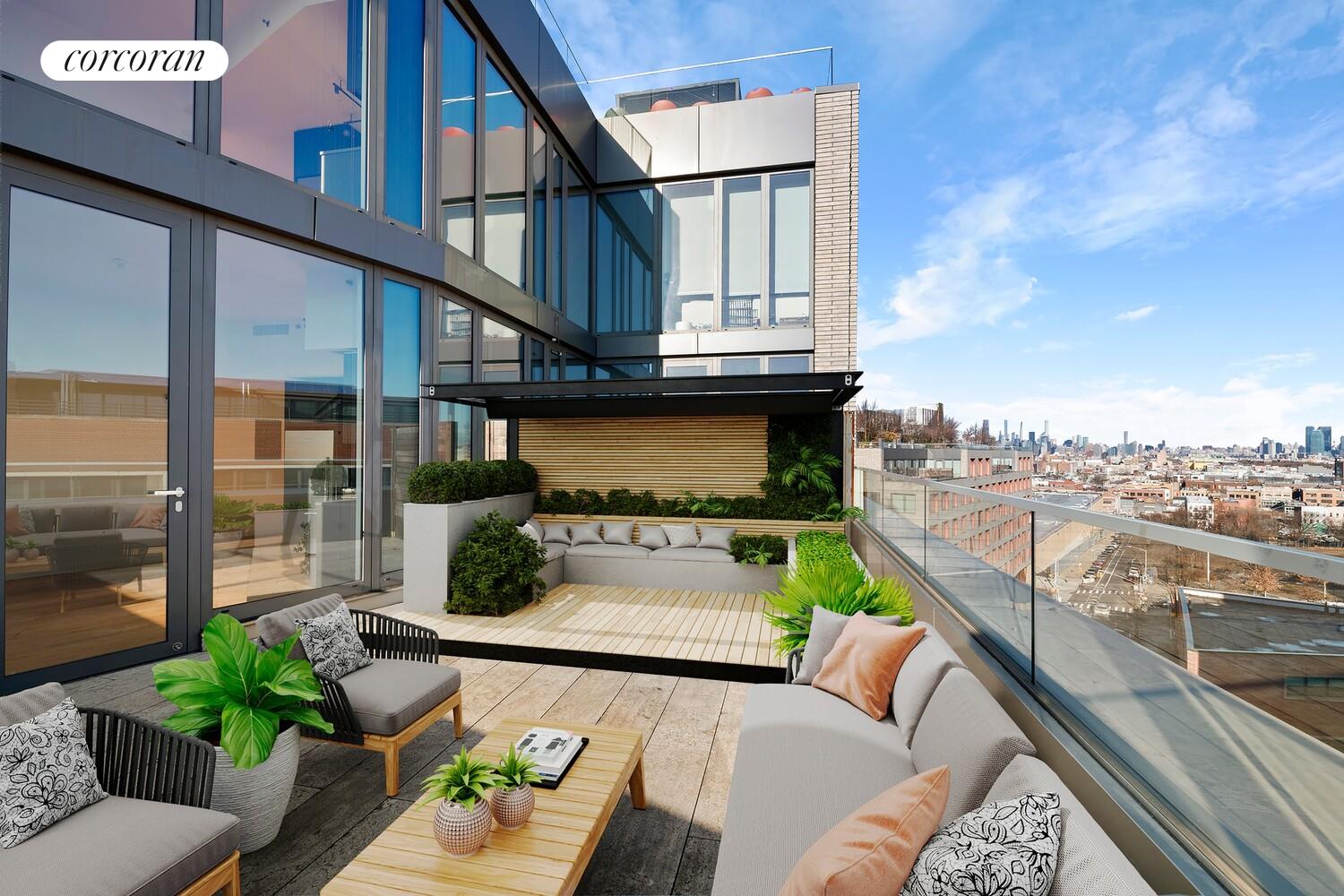 54 Noll Street, Unit 819 Brooklyn, NY 11206 - Photo 1 of 26 a view of a balcony with couches and wooden floor